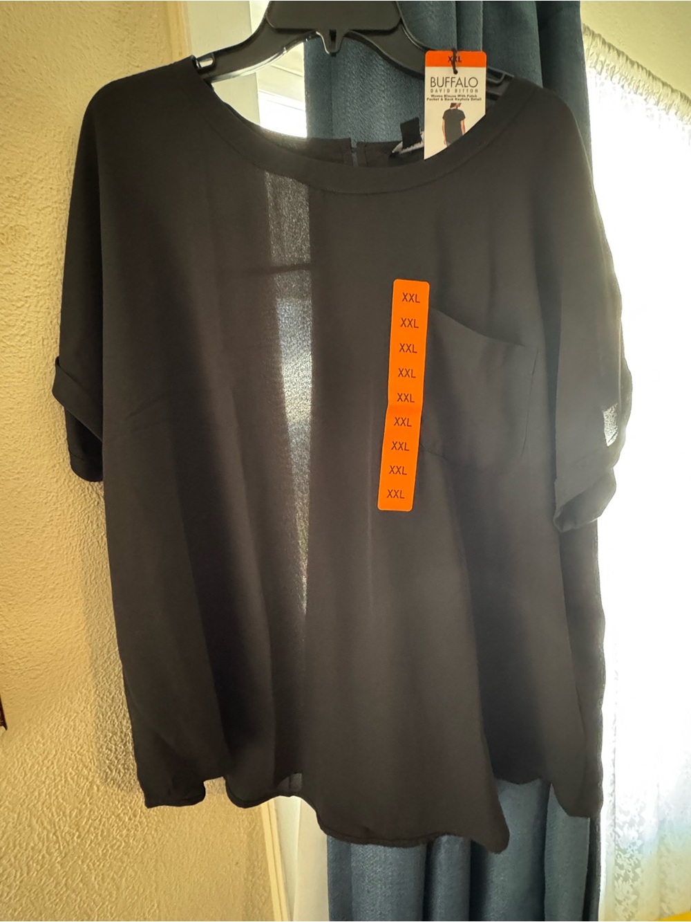 Buffalo David Bitton Black Sheer Short-Sleeve Pocket Blouse